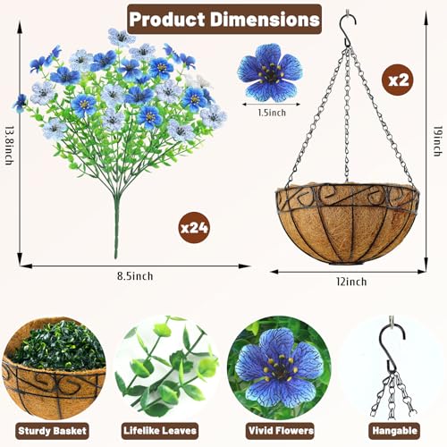 2 Pack Artfiticial Hanging Flowers Baskets for Outdoors, UV Resistant Faux Hanging Plants, 24 Pcs Fake Silk Flowers for Patio Garden Front Porch Balcony Decor (Blue White) - color: Blue White