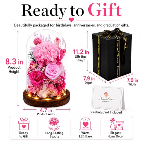 Preserved Flowers in Glass, Preserved Rose with 1 Carnation & 2 Pink Roses Luxury Eternal Flower Gift for Grandma Wife Her Forever Flowers for Anniversary Birthday Lasts 3-5 Years - color: Pink