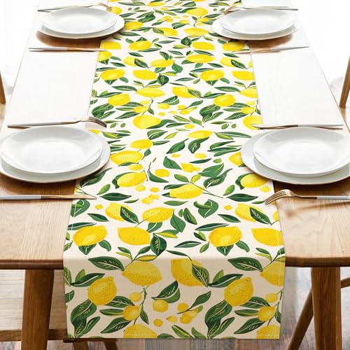 Lemon Dining Table Runner, Spring Summer Citrus Fruit Burlap Kitchen Decoration, Seasonal Indoor Outdoor Home Decor Party Supply 13 x 72 Inches - color: Lemon, size: Table Runner 13''X72''
