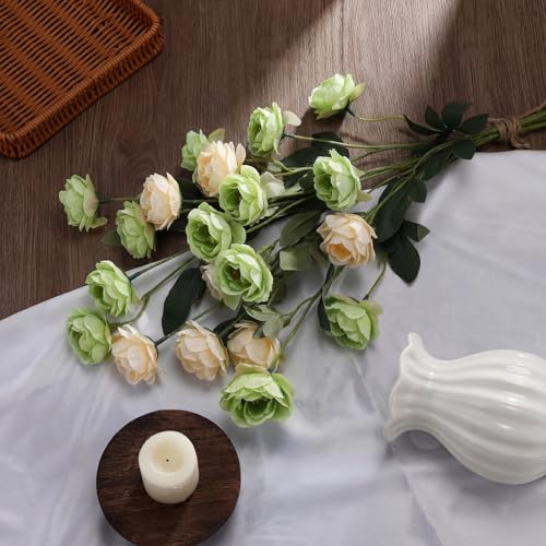 6 Pcs 32" Large Beige Green Artificial Peonies Stems Flowers, Real Look Faux Silk Peony Bouquet 42 Heads Total for Vase Filler, Farmhouse Rustic Neutral Home Decor, Wedding Centerpieces - color: Beige and Green