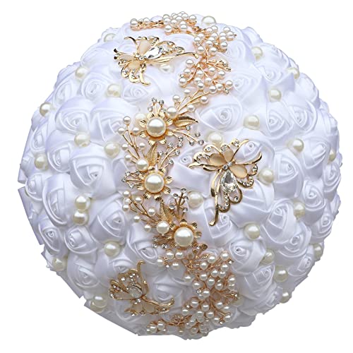 Sharebeauty 5.9 Inch Handmade Satin Rose Bridal Bouquet Toss Round Wedding Bouquet Throw Toss Artificial Flower Bunch White - color: W322g11 White, size: 5.9 inches / 15 cm