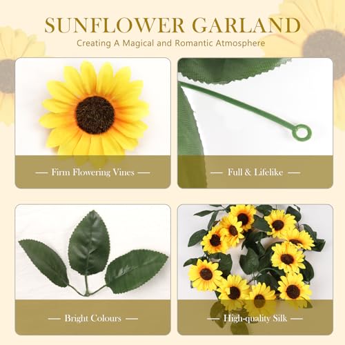 Beferr Sunflower Garlands Decor-2 Pack 7.5ft/Pcs Artificial Sunflower Vines Silk Hanging Flowers with Green Leaves for Wedding Birthday Party Home Wall Decorations