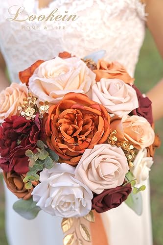 Lookein 10 Inch Wedding Bouquet for Bride Artificial Flowers Birdal Bouquet Bridesmaid Bouquet Tossing Bouquet for Wedding Ceremony Anniversary Bridal Shower, Chic Terracotta - color: 10" Chic Terracotta