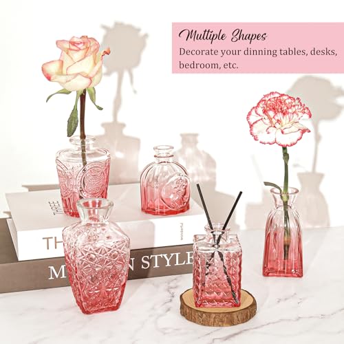 36Pcs Valentine's Day Bud Vases Set Small Vintage Glass Bottles Pink Bud Vases in Bulk Multiple Shape Cute Glass Vases for Rustic Wedding Centerpieces Table Decorations and Home Decor(Pink) - color: Pink