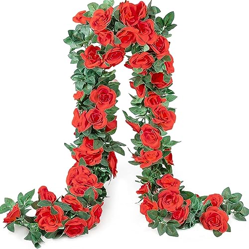 YRIOWMI 10PCS Fake Rose Garland, 7.5Ft Artificial Vines Flowers Hanging Rose Vine for Table Wedding Backdrop Arch Wall Party Mantle Festival Decor (Red) - color: Red
