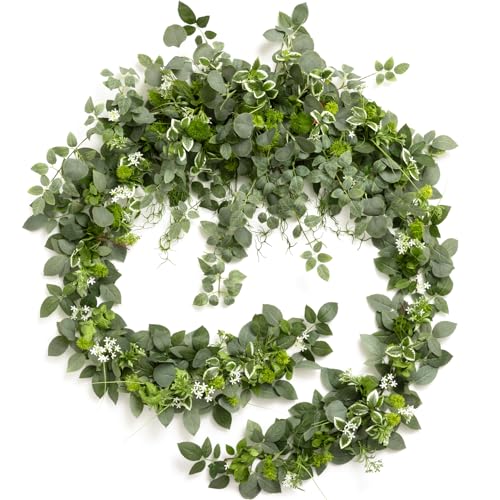 Ling's Moment 9FT Flower Garland for Backdrop Decorations - Wedding Arch Flowers, Eucalyptus & Rose, Artificial Floral Garland for Mantle - Sweetheart Table Decor for Beach Reception, Green - color: Grn-sage Green