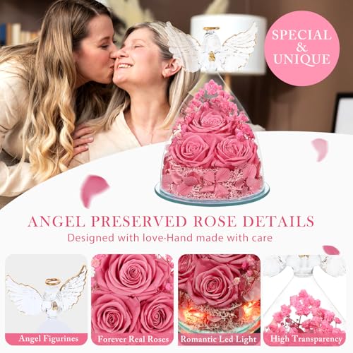 Mothers Day Flowers Gifts for Mom Flowers for Delivery Preserved Flowers Forever Real Fresh Roses in Glass Angel Figurines Birthday Gifts for Women Anniversary Present for Grandma Wife from Daughter - color: Sweet Pink (Rose, Baby's Breath, Hydrangea)