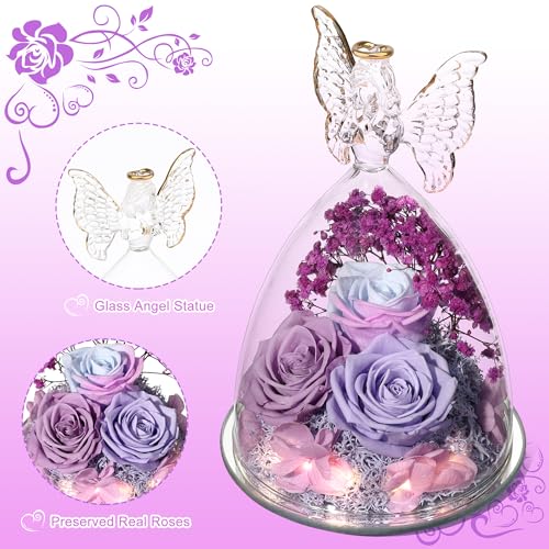 Mothers Day Rose Gifts for Women Preserved Real Flower in Glass Angel Figurines Roses for Delivery Prime Birthday Gifts for Mom Grandma Girlfriend Wife Her, Multi Purple - color: Multi Purple