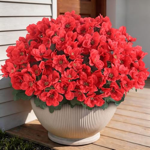 YXZZWL 16 Bundles Artificial Flowers for Front Door, Fake Silk Azalea Bouquet Silk Flowers for Outside UV Resistant Realistic Faux Plants for Planter Farmhouse Patio Garden Walkways Home Decor (Red) - color: Red