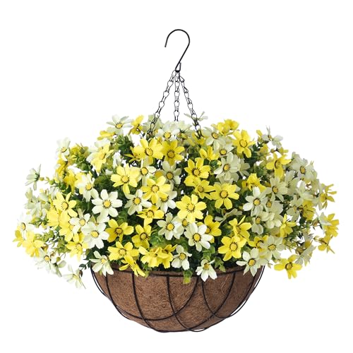 INXUGAO Artificial Flowers with Hanging Planter for Outdoor Decor, Faux Silk Daisy UV Resistant Plants in Basket for Indoor Porch Garden Yard Spring Summer Decor(Yellow) - color: Cyellow