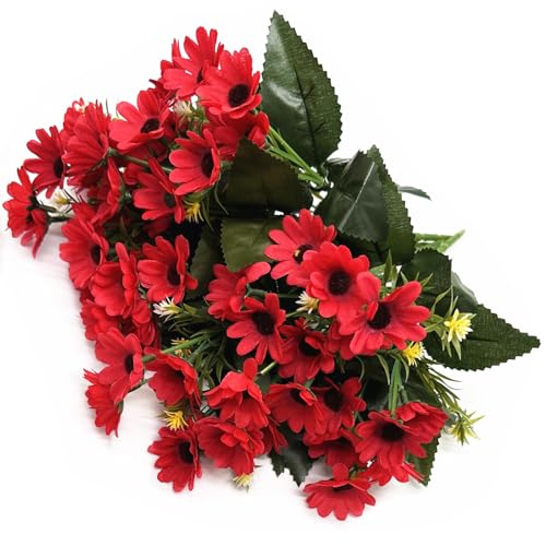 Artificial Daisy Flowers, Fake Silk Daisies Mini Flower Decor, Plastic Plants Marguerites Bushes Stems Faux Greenery Bundles Plant for Indoor Outdoor Verandah Wedding Party Decoration - Red 4 Bouquet - color: Daisy - Red - 4 Bundles