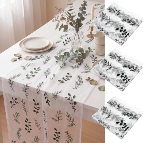 Mindsoft 3 Pcs Eucalyptus Table Runner 10ft Gauze Sage Green Embroidered Leaf Decor Foliage Floral Tulle Lace Table Runner for Wedding Bridal Baby Shower Holiday Dining Decor DIY - style: Green Leaves