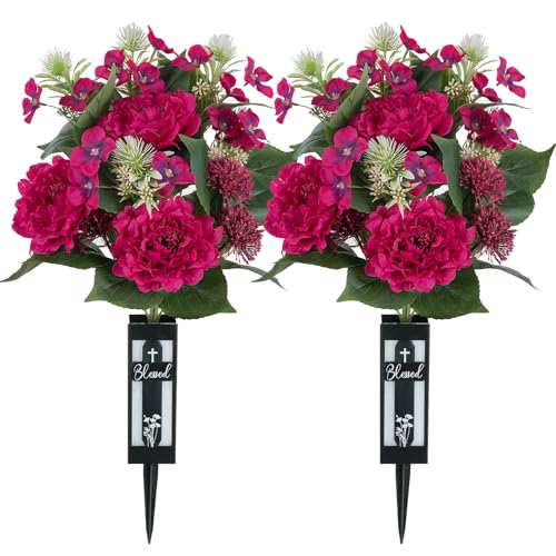 Artificial Cemetery Flowers for Grave: 2 Pcs Hot Pink Peony Grave Flower Bouquets with Vases for Cemetery Gravesites - Spring Outdoor Outdoor Grave Decorations - color: Hot Pink