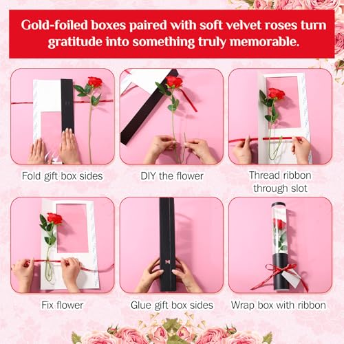 Norme 20 Sets Mother Day Artificial Rose Flowers with Single Cone Boxes, Realistic Touch Velvet Fake Rose Wrapping Bag Bouquet Packaging Sleeves for Teacher Gifts DIY Gift Supplies