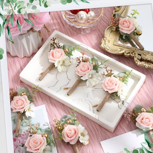 Crowye 16 Pcs Boutonniere for Men Wedding with Pins Set Groom and Groomsmen Ceremony Anniversary Corsage Wedding Flowers Artificial Bouquets for Formal Dinner Party Fall Vintage Prom (Blush Pink) - color: Blush Pink