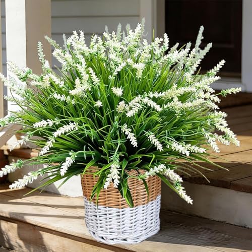 Artificial Faux Plants Flowers for Outdoor Decorations,Faux Plastic Fake Monkey Grass Greenery for Spring Summer UV Resistant Realistic Artificial Shrubs for Courtyard Window Garden(B-White, 12 PCS) - color: B-white
