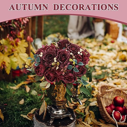 Yunsailing 8 Packs Artificial Peony Flowers Faux Silk Hydrangea Bouquet Vintage Wedding Home Table for Door Decor Reusable Bouquet of Rose Flowers for Valentine Wedding Birthday Party(Burgundy) - color: Burgundy, style: Hydrangea