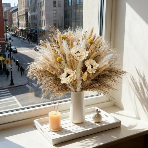 Boho Pampas Grass for Vase Filler Fluffy Natural Dried Flowers Arrangements with Bunny Tails Reeds Gold Billy Balls Artificial Peony for Home Table Farmhouse Rustic Western Wedding Decor