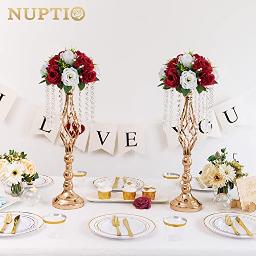 NUPTIO Artificial Flower Centrepieces for Tables - 6 Pcs Crimson & White Fake Flowers Roses Balls 9.5in Diameter - Silk Faux Rose Arrangement for Wedding Party Centerpiece Table Decorations | 6 Pcs 9.5 inch Floral Balls Arrangement for Wedding Birthday Pa