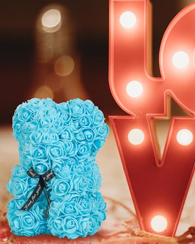 DuHouse Rose Bear Rose Teddy Bear Flower Gift Black Box for Valentines Gifts Anniversary Christmas,Birthdays Bridal Showers -Fully Handmade 10 inch Flower Bear Clear Gift Box (Baby Blue) - color: Baby Blue