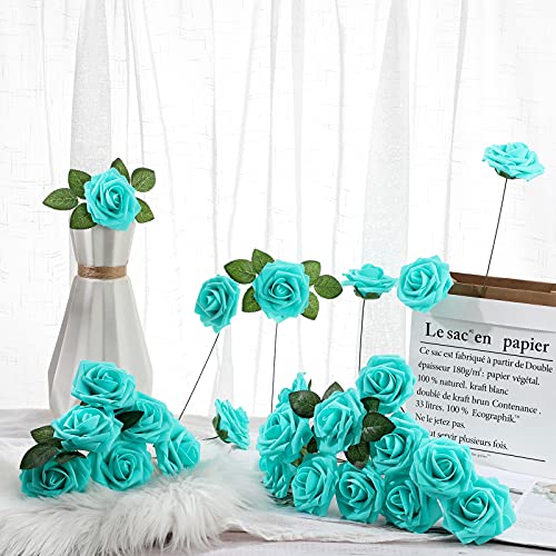 Syhood Artificial Foam Rose Flowers Vintage Fake Roses DIY Bouquets with Leaves and Stems for Wedding Bridal Shower Party Centerpieces Home Romantic Decor(Turquoise,50 Pieces) - color: Turquoise