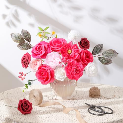 Floweroyal Artificial Flowers Fake Rose Flowers Dahlia with Stems for DIY Wedding Bridal Bouquets, Baby Shower, Floral Arrangement, Table Centerpieces, Home Decorations - color: B Hot Pink
