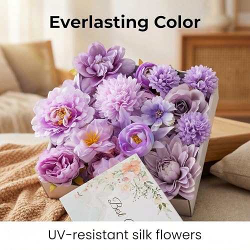 Purple Silk Flowers, Artificial Flower Combo Box Set with Stems for Bridal Wedding Bouquets, Table Centerpieces Decor, Floral Arrangement Home Decor(Purple) - color: Purple