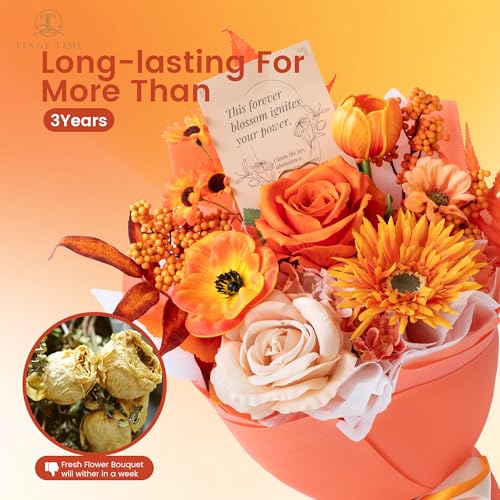 TINGE TIME Preserved Flowers Bouquet, Sunflower and Rose Bouquets, Orange Artificial Flowers Bouquet for Table Centerpiece Mothers Day Gifts Birthday Gifts Wedding Anniversary Housewarming - color: Brunt Orange