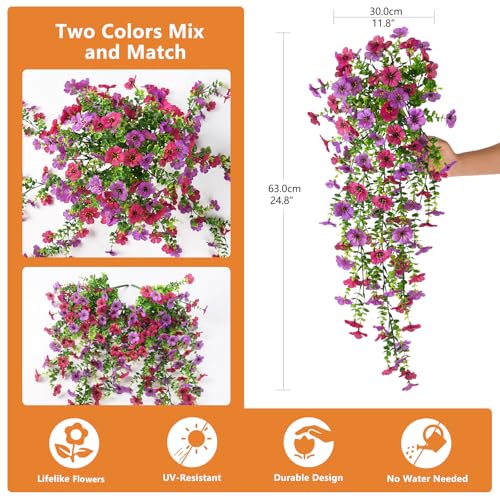 Artificial Hanging Flowers for Outdoors, 2 Pcs Fake Hanging Plant Spring Summer Decoration, UV Resistant No Fade Faux Silk Daisy Flower for Planter Porch Patio Yard Garden Decor(Light Purple Red) - color: Light Purple Red