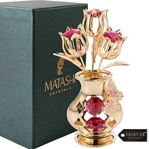 Matashi Crystal Studded 24K Gold Plated Tulip Bouquet in Butterfly Vase – Unique Crystal Flower Figurine for Women, Anniversary, Birthday, and Home Decor Centerpiece - color: Gold,red