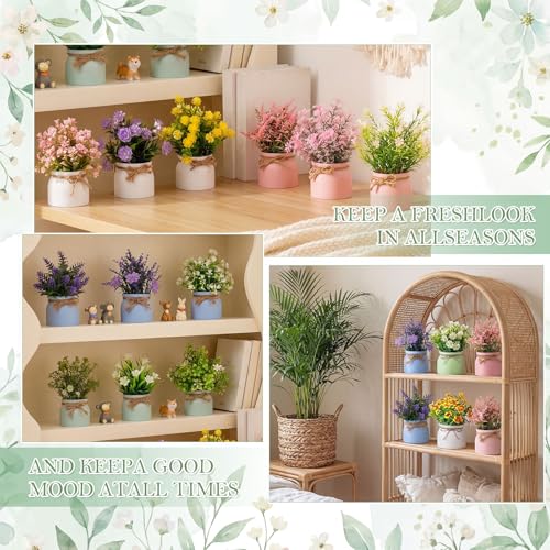 Suncalla 12 Pcs Artificial Flower Plants Small Fake Plants with Pot Mini Faux Potted Plant for Floral Tables Centerpieces Decoration Home Bathroom Office Window Tabletop Decor (Colorful Flower) - style: Colorful Flower