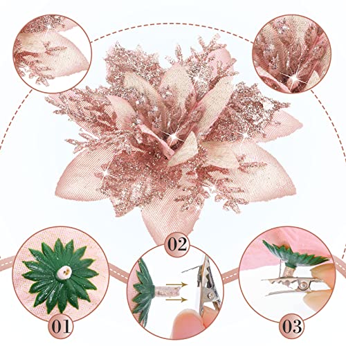 Geosar 36 Pcs Christmas Glitter Artificial Poinsettia Flowers Xmas Poinsettia Artificial Wedding Flowers Decorations Xmas Tree Ornaments with Clips for Party, 6 Inch, 4 Inch, 3 Inch(Rose Gold) - color: Rose Gold