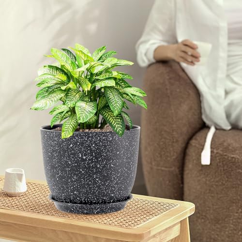 WSMKSZ Plant Pots 10/9/8 inch, Set of 3 Modern Decorative Plastic Planters with Drainage Holes and Saucers for Garden House Plants, Flower Pots for Indoor Outdoor Plants, Speckled Black - color: Speckled Black, size: 10"+9"+8"