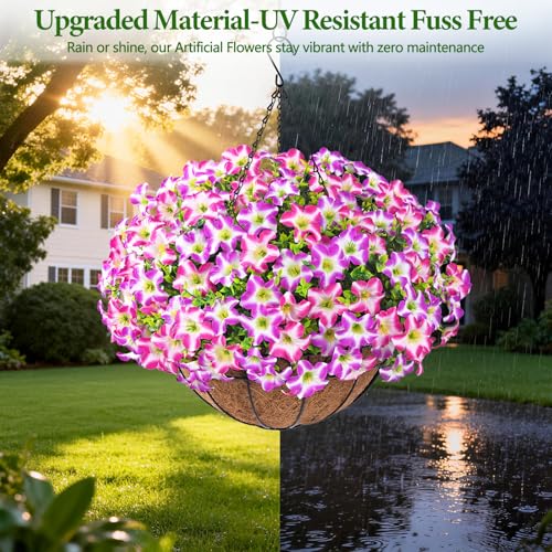 Realistic Artificial Hanging Flowers for Outdoors with Basket, 1 Set Large Size UV Resistant Artificial Outdoor Flowers, Full Faux Outdoor Flowers Fake Hanging Flowers for Porch, Front Door, Garden - color: Purple Red+rose Red, size: 1 Set