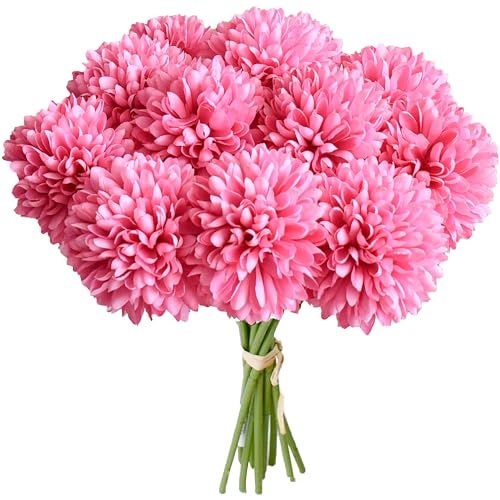 Mandy's 12pcs Artificial Hot Pink Chrysanthemum | 11.8 inch Artificial Mums Flowers for Home Table Centerpiece Summer Decor Silk Flowers for Porch Patio and Wedding - color: Hot Pink