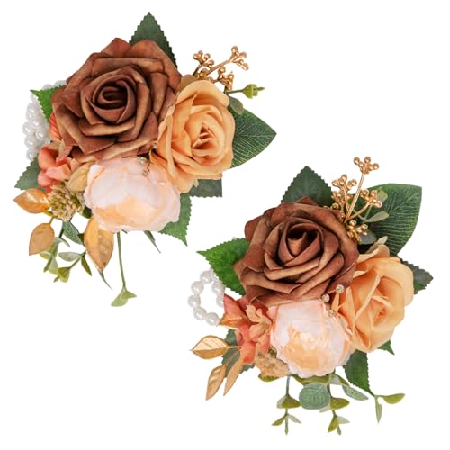 TINGE TIME Set of 2 Wrist Corsage Bracelets Pearl Wristlet Band Bridesmaid Bracelet for Wedding Ceremony Bridal Shower Wedding Artificial Flower Prom (Terracotta) - color: Terracotta