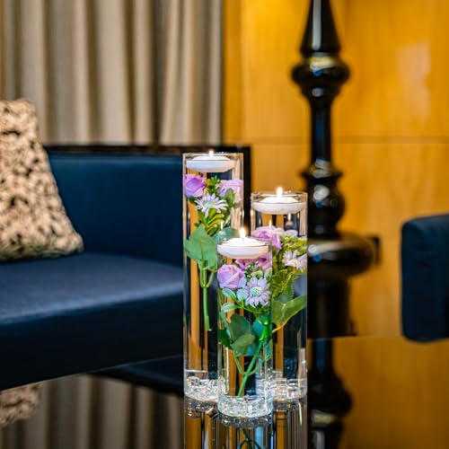 Purple Rose Floating Flowers for Table Centerpieces Glass Cylinder Vases Fillers Set with Floating Candles and Fake Ice Cubes for Wedding Party Home Pool Bar Restaurant Festival Decoration - color: Light Purple