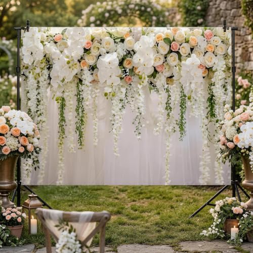 Mocsicka Wedding Flower Backdrop Wall Floral Bridal Shower Backdrops for Photoshoot Wedding Decoration for Reception White Rose Floral Photography Background Banner(7x5ft) - size: 7x5ft