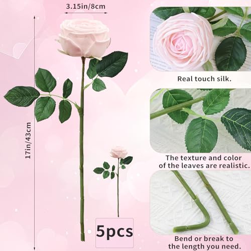 5Pcs Light Pink Real Touch Silk Flowers - Lifelike Roses Peony | Lifelike light pink roses & peonies with soft latex touch, no watering needed. Perfect for wedding bouquets, home decor & DIY - color: Light Pink