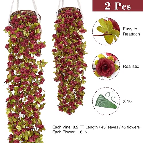 BLEUM CADE 2Pcs 16.4Ft Flowers Garland Artificial Rose Vines for Bedroom, Cute Fake Hanging Flower Vines Floral Garland Decorations for Wedding Party Wall Room Decor Aesthetic - color: Burgundy Red, size: 2 Pcs