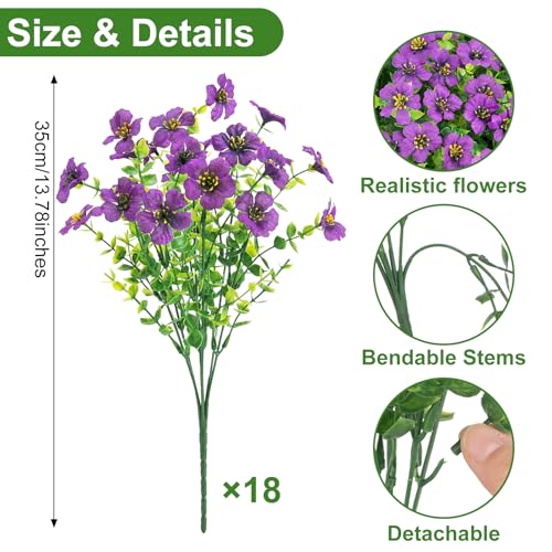 Roberly Artificial Flowers for Outdoors, UV Resistant Silk Faux Flowers Daisy with Eucalyptus Greenery Stems Fake Plastic Plants for Spring Summer Patio Garden Home Decor, 18 Bundles, Purple - color: Purple