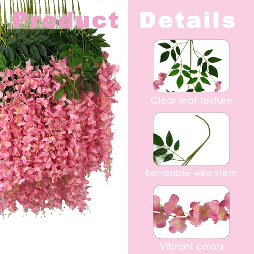 BIRDDIE 24Pcs of Artificial Wisteria Hanging Flowers, 3.75 Feet Fake Wisteria Flower Strings for Backdrop, Wedding, Ceremony,Garden and Home Wall Decoration (Pink) - color: Pink, size: 24 pcs