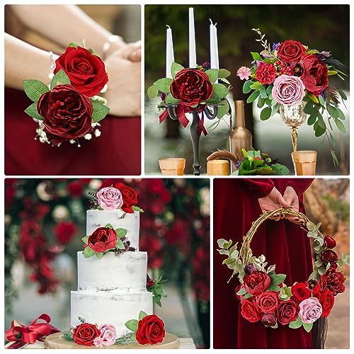 AmyHomie Red Artificial Flowers Combo Silk Mix Peony Rose Fake Flowers w/Stem for Valentine's Day DIY Wedding Bouquets Centerpieces Table Fall Decor Party Bridal Baby Shower Home Decorations - color: Dark Red
