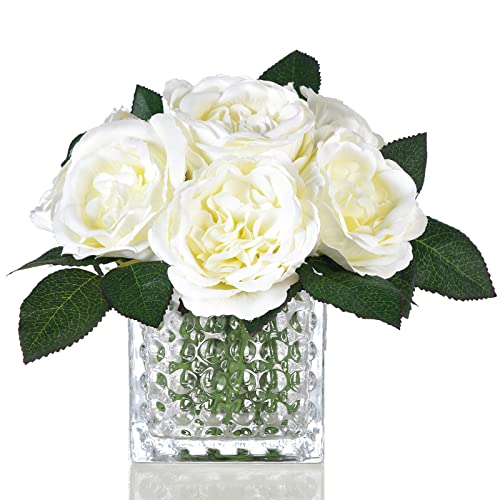 Artificial Peony Silk Flower Centerpieces Faux Floral Arrangement in Glass Vase for Home Wedding Table Decoration (Cream) - color: A-cream