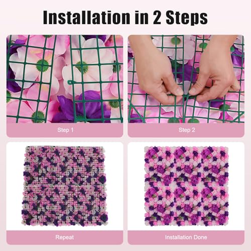 Flower Wall Backdrop 3D Wall Panels, 6Pcs Artificial Flower Wall Panel Silk Rose Floral Decorative Faux Flower Wall Background for Wedding Home Decoration (Pink, Purple,23.6 * 15.7in) - color: Pink, Purple