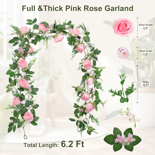 Naidiler Full Pink Flower Garland, 6.2FT Artificial Rose Floral Vine Pretty Spring Pink Flower Garland for Wedding Arch Decor Home Backdrop Wall Table Centerpiece Valentines Decoration - color: Pink Green