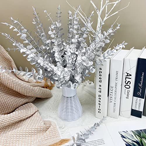 FEQO 36 Pcs Silver Eucalyptus Stems Artificial Leaves Faux Eucalyptus Stems Branches 15 inch for Wedding Bouquet Home Decor - color: Silver, size: 36 pcs