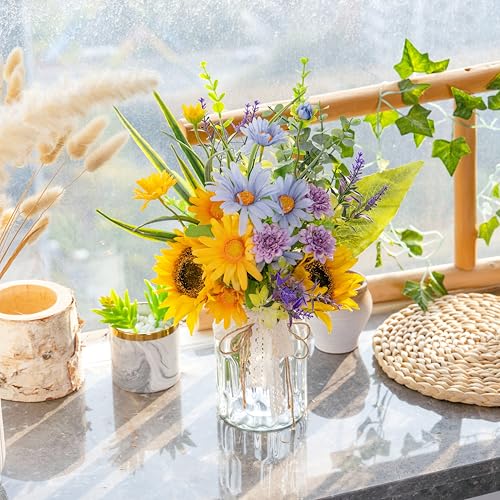 LUEUR Artificial Silk Sunflower with Vase Fake Flowers in Vase Centerpiece Coffee Table Decor, Fake Plant Blue Daisy Flower Arrangement for Spring & Summer Decorations Indoor Home Office Living Room - color: Yellow