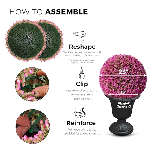 365 Curb Appeal 23" XL Topiary Balls (Hot Pink, 2 Faux Topiary Balls (4 Halves)) - color: Hot Pink, size: 2 topiary balls (4 halves)