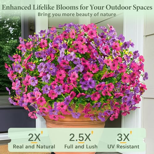 Yastouay 12 Bundles Artificial Flowers for Outdoors, UV Resistant Artificial Outdoor Flowers No Fade Fake Outdoor Flowers Plants for Garden Porch Window Box Pot Planters Decor (Fuchsia+Rose Red) - color: Fuchsia+rose Red, size: 12 Bundles